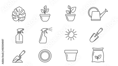 Collection of line art illustrations featuring various gardening tools and plant-related elements.