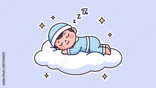 A cute cartoon baby sleeping peacefully on a fluffy white cloud with twinkling stars.