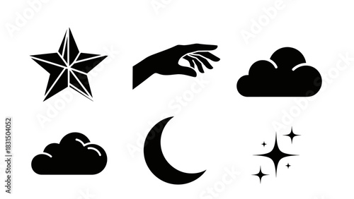 Black and white image of star, hand, clouds, moon, and sparkles.