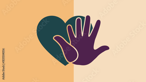 A graphic illustration of a dark teal heart with a purple hand overlapping it, set against a split beige and light orange background, symbolizing care and support.
