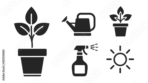 A collection of black silhouette icons for gardening, including a potted plant, watering can, spray bottle, and sun.