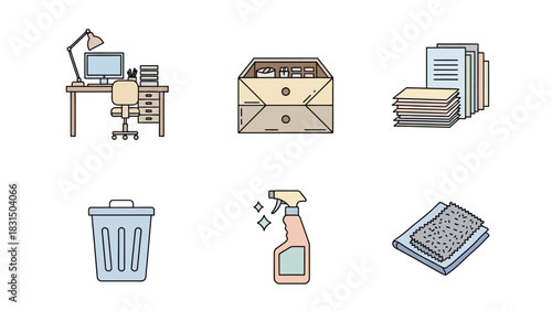 A collection of six flat design icons representing office supplies, workspace elements, and cleaning items.
