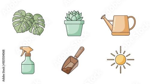 Collection of gardening tools and plants, including a watering can, spray bottle, and shovel.