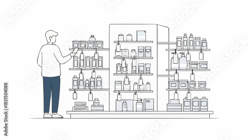 A person shopping for products in a supermarket aisle.