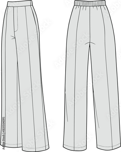 Women's straight leg pants technical fashion drawing, front and back flat sketch, garment vector template, cad illustration for design