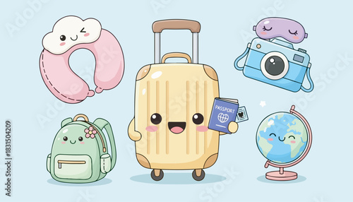Cute cartoon travel icons featuring a suitcase holding a passport, neck pillow, camera with eye mask, backpack, and globe, all with kawaii faces.