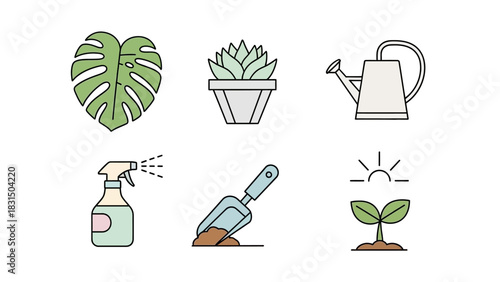 A set of six colorful line icons representing various aspects of gardening and plant care.