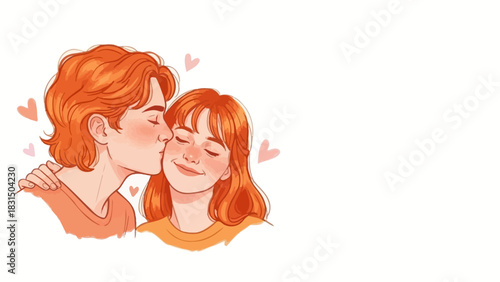 A charming cartoon illustration of a red-haired man gently kissing a red-haired woman on the cheek, surrounded by floating pink hearts, symbolizing love and affection.