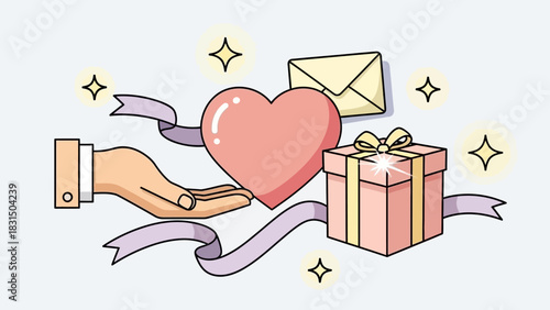 A hand offering a pink heart next to a gift box, envelope, and sparkling elements, symbolizing love and generosity.