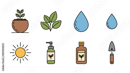 Icons depicting plant care: soil, leaves, water, sun, fertilizer, and a trowel.