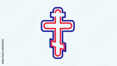 A detailed illustration of a Russian Orthodox cross with red and blue outlines on a white background.
