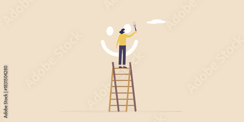 Person painting a giant smiley face on a wall from a ladder