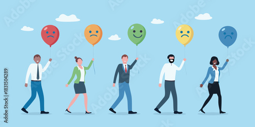 Diverse group of people holding balloons with different facial expressions