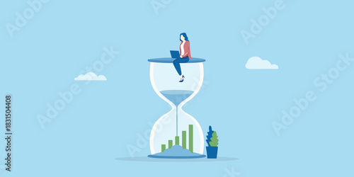Woman on hourglass with laptop and growth chart