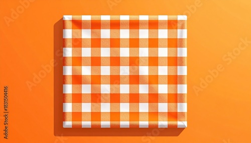 Orange and white gingham fabric pattern on a solid orange background.