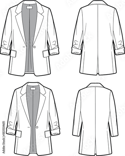 Women's tailored blazer coat with turn-up sleeves, single button closure, front pocket detail, fashion CAD drawing flat vector illustration