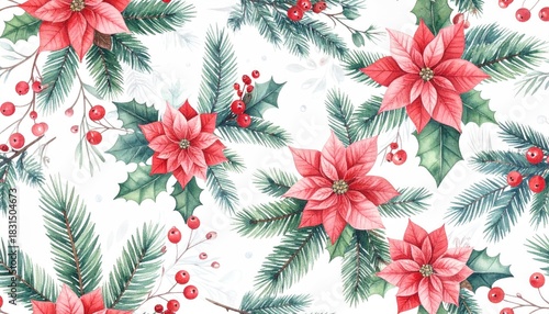 Watercolor Christmas Poinsettia Holly Berry Pine Branch Seamless Pattern Festive Holiday Design.