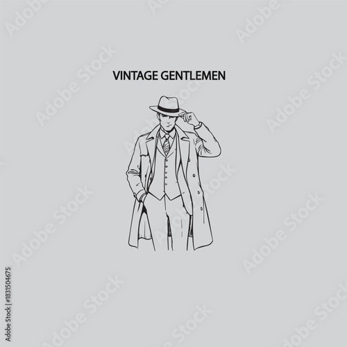 Minimalist line art of vintage man in fedora hat overcoat and suit with confident pose and classic style