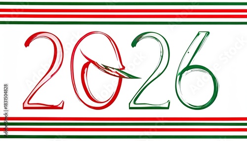 Artistic representation of the year 2026 with red and green brush strokes and stripes.