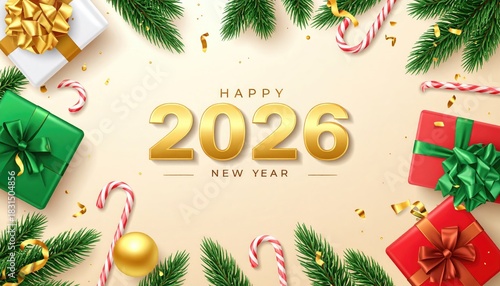 Golden Happy New Year 2026 celebration with festive gifts and pine branches.