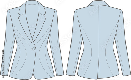 Women's tailored blazer jacket flat sketch with princess seams, front and back view, fashion CAD drawing, vector clothing illustration