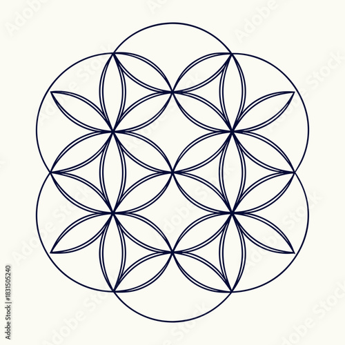 Dark blue geometric flower of life pattern on cream background 1