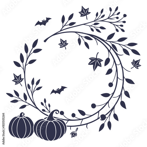 Dark blue Halloween wreath with pumpkins and bats leaves