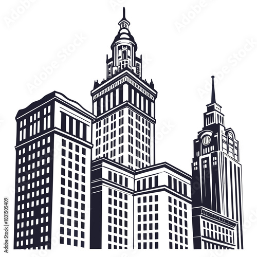 Dark blue silhouette of tall buildings on white background