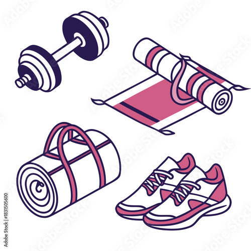 Dumbbell yoga mat gym bag and sneakers icons weight