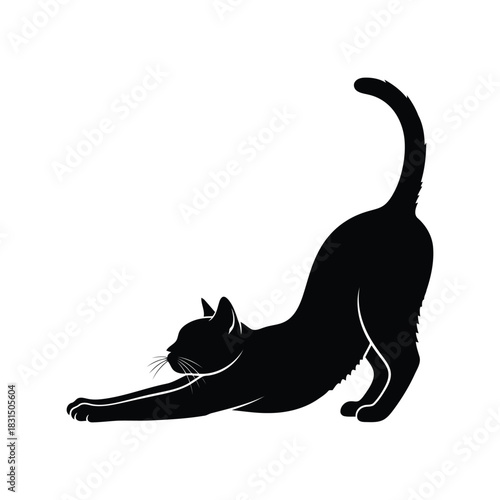 Elegant black cat stretching vector silhouette design