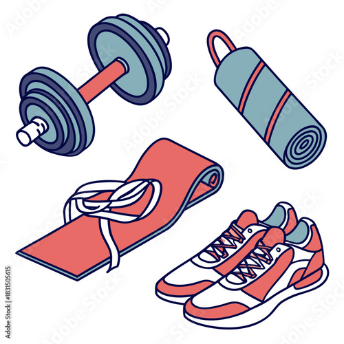 Dumbbell yoga mat rolled towel and sneakers weight