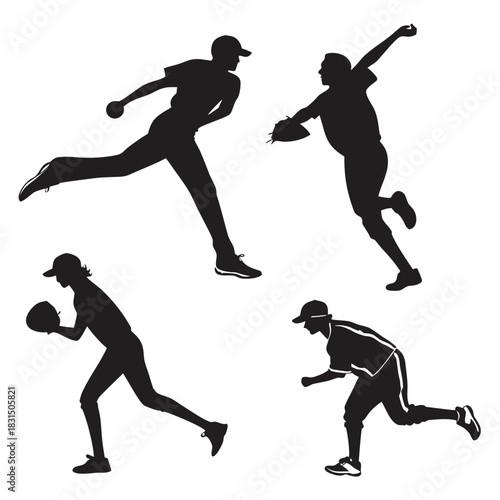 Four black baseball player silhouettes in action sport