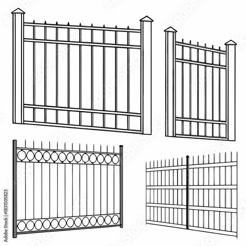 Four black and white fence designs on white background