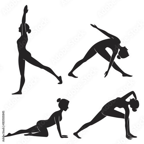 Four black female yoga pose silhouettes on white woman