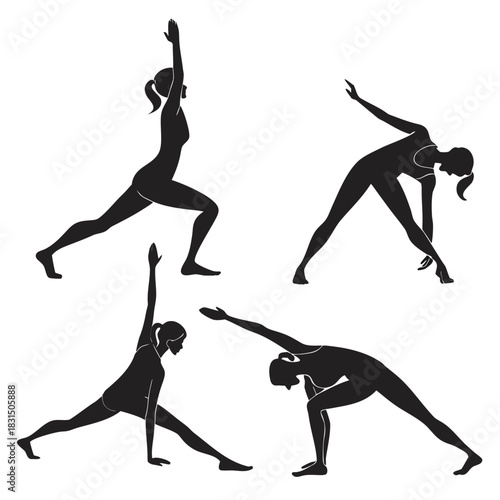 Four black yoga pose silhouettes on white background