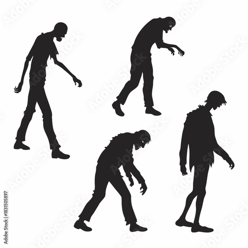 Four black zombie silhouettes walking on white background 3