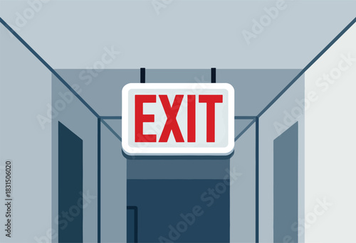 An illustration depicting an "EXIT" sign in red font, against the backdrop of a hallway