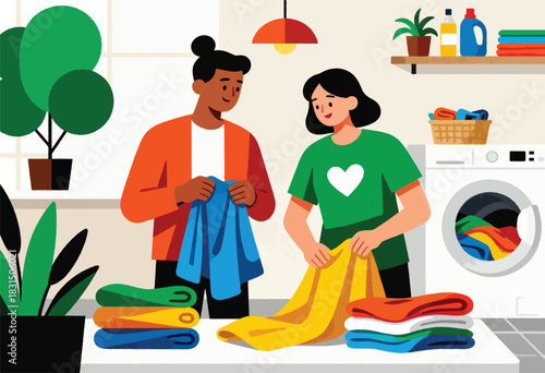 Illustration depicts two people folding clean laundry in a bright laundry room with a washing machine, plants, and cleaning supplies