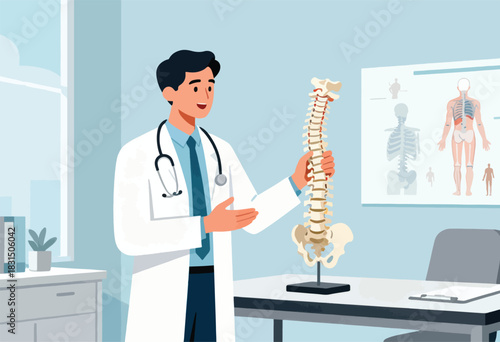 A male doctor in white coat examines spine model in his office. Skeleton diagrams adorn the wall