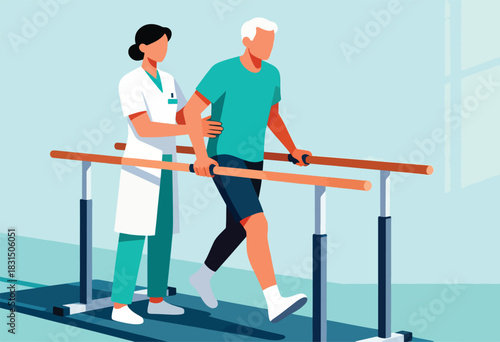 A healthcare worker assists an elderly man with rehabilitation, walking between parallel bars in a clinic