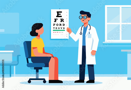 A doctor with stethoscope and glasses points to an eye chart for a patient in a blue room