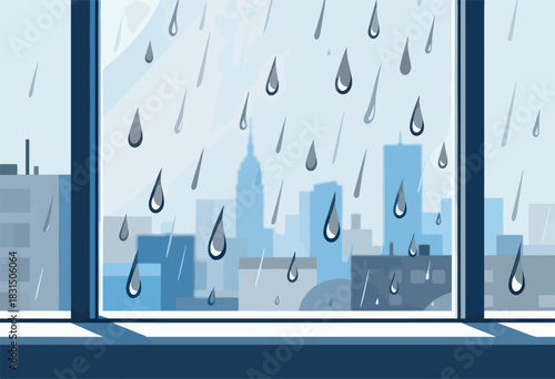 A rainy cityscape viewed through a window with falling raindrops.  The color palette is blue