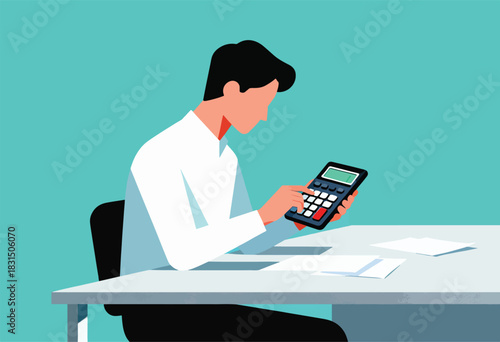 A minimalist illustration of a person calculating, using a calculator, on a desk with papers. Simple style, flat design