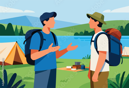 Two backpack-wearing campers are talking on a campsite. Tents and camping supplies are in a scenic outdoor setting