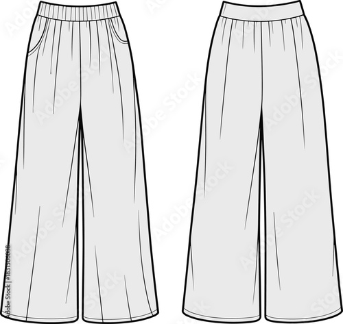 Women's wide leg pants flat sketch, front and back view cad vector illustration for fashion design template and technical drawing use