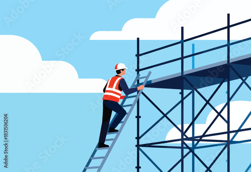 An illustration depicting a construction worker climbing a ladder towards a scaffolding, set against a cloudy blue sky