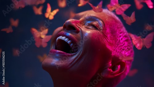A joyful woman radiates happiness as she laughs, surrounded by vibrant butterflies, capturing the essence of joy, freedom, and transformation in a beautifully lit moment.