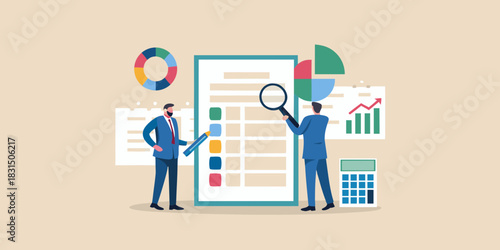 Businessmen analyzing financial charts and data on a large document