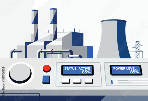 Illustration of a power plant with status and power levels displayed on control panels