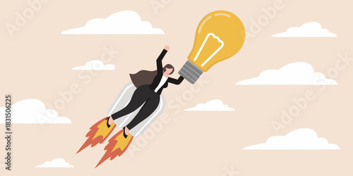 Businesswoman flying with a lightbulb as a rocket